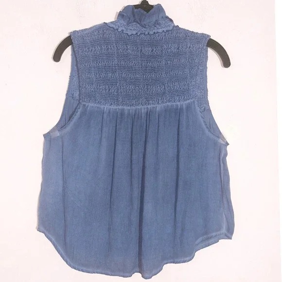 Free People Ruffle Me Up Tie Smocked Sleeveless Blouse Blue Women's Size S - Picture 6 of 9